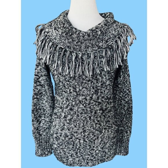 JONES NEW YORK SPORT LADIES LS  BLACK WHITE HERRINGBONE TASSELED SWEATER EUC S - Picture 1 of 9